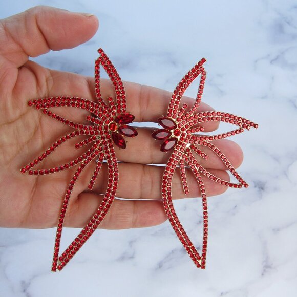 Elegant Big Wing Stud Red Earrings for Women Metallic with Rhinestones - Picture 6 of 6